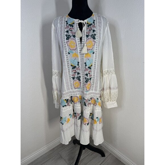 Tory Burch Embroidered Cotton Boho Dress With Tassel Tie & Lace‎ Detail - Picture 1 of 11